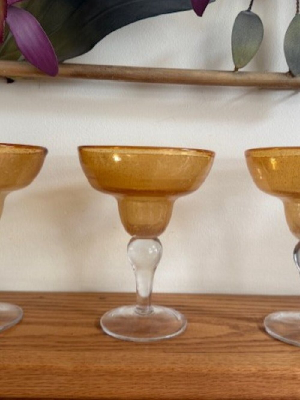 Pier One 3 AMBER BUBBLE HAND BLOWN MARGARITA GLASSES